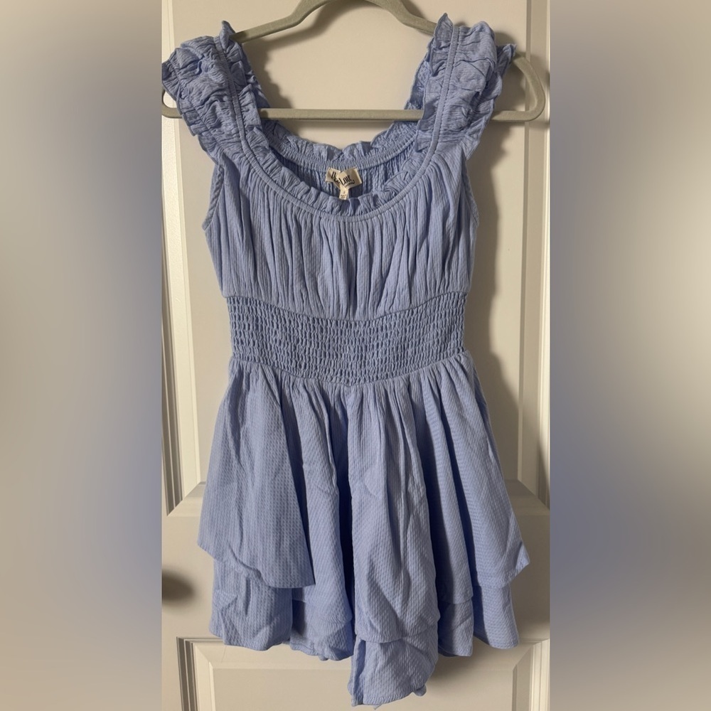 NWOT Peach Love California Blue Ruffled Sleeveless Romper Size Small